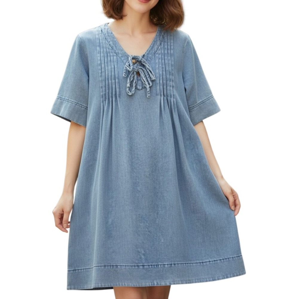 SHE+SKY DRESS Stonewashed Denim PINTUCK PLEATS V-Neck w/Ties POCKETS A-Line S